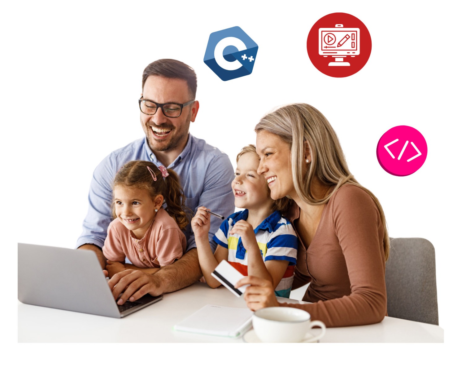 Rodiče s dítětem se učí programování v online kurzu Pythonu pro začátečníky